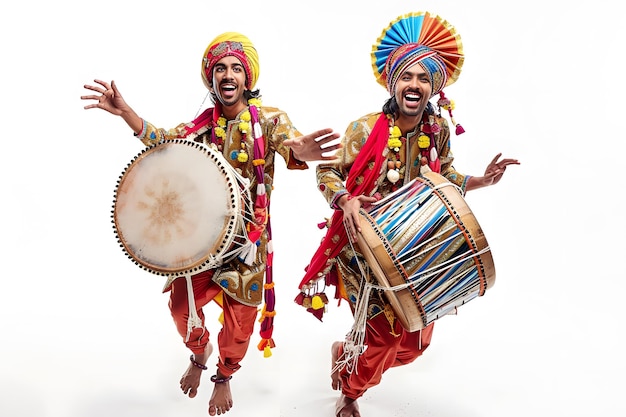 Photo of two young Indian men playing dhol drums