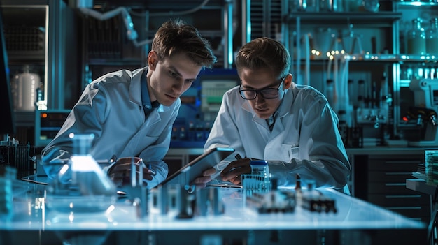 Photo photo of two young scientist testing substances sample scientific research