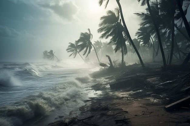 Фото тайфун океан пляж стихийное бедствие ураган сильный циклон ветер и пальмы тропический шторм