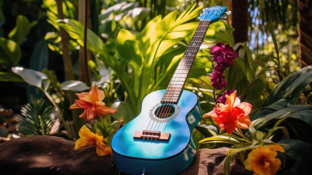 Photo a photo of a ukulele in a tropical garden with dappled sunlight