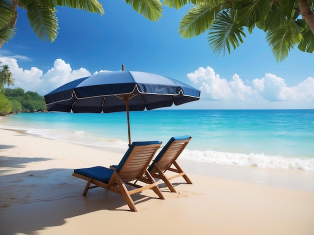 Фото зонтика и стульев на тропическом морском пляже