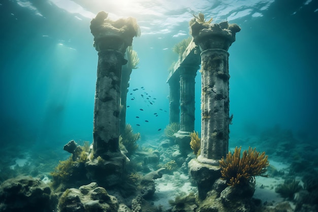 Photo of underwater ruins with ancient columns 4k wallpaper