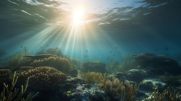 太陽光線のあるサンゴ礁の水中ビューの写真