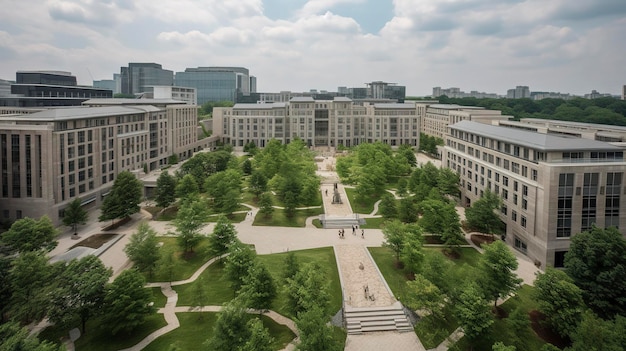 建物と緑地を備えた大学キャンパスの写真