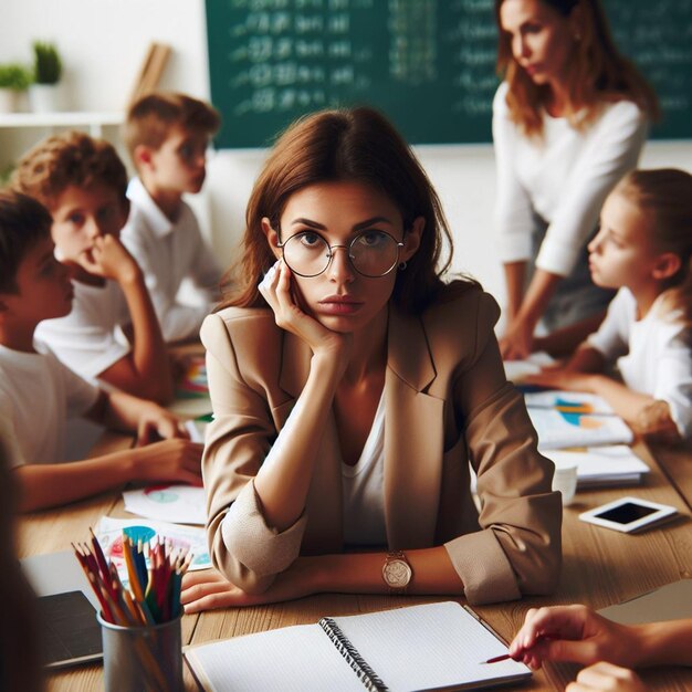 Photo photo unpleased young female teacher wearing glasses sits at table with school ai generate