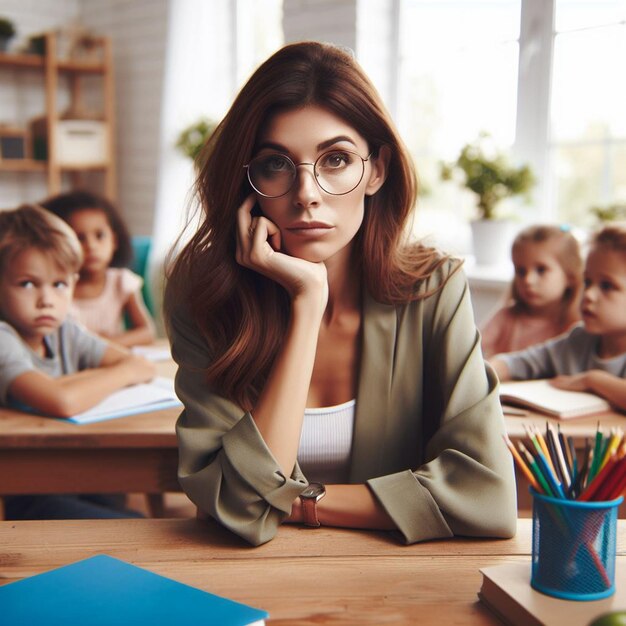 Photo photo unpleased young female teacher wearing glasses sits at table with school ai generate