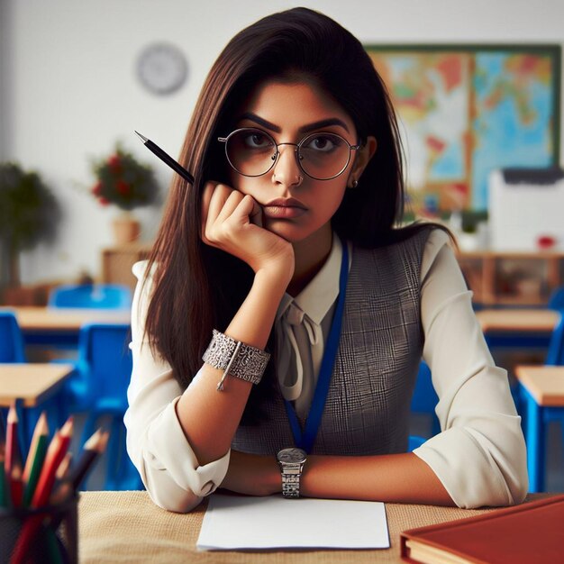 Photo photo unpleased young female teacher wearing glasses sits at table with school ai generate