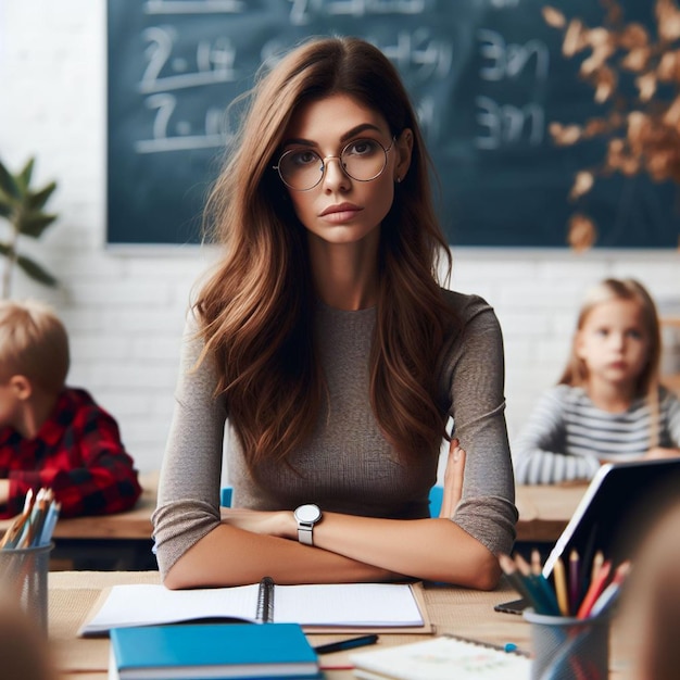 photo unpleased young female teacher wearing glasses sits at table with school Ai generate