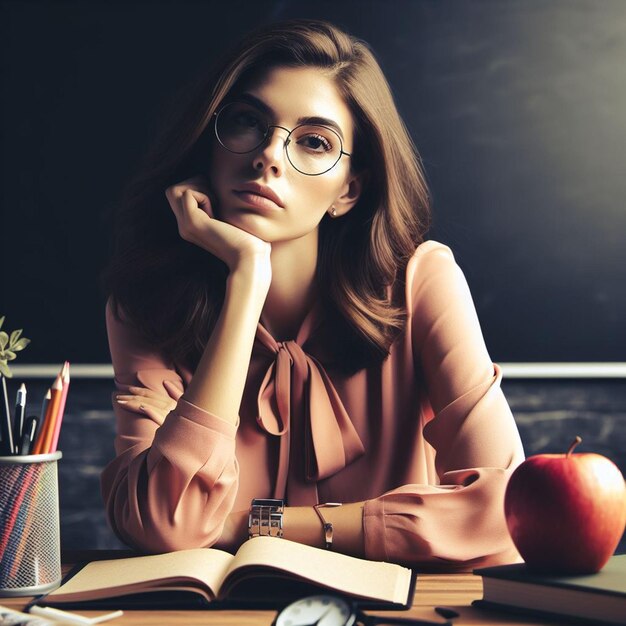 photo unpleased young female teacher wearing glasses sits at table with school Ai generate