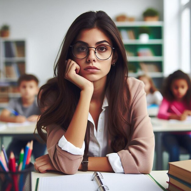 Photo photo unpleased young female teacher wearing glasses sits at table with school ai generate