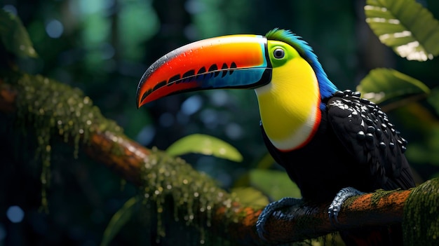 A photo of an upclose view of a colorful toucan