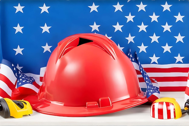 Фото Празднование Дня труда США с защитной каской, инструменты, американский флаг