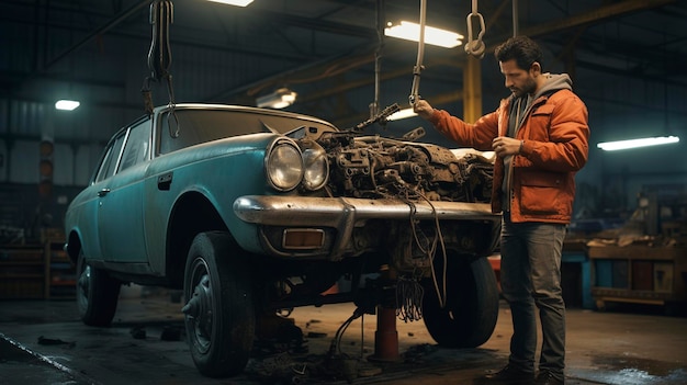 Photo a photo of a used car being inspected by a mechanic