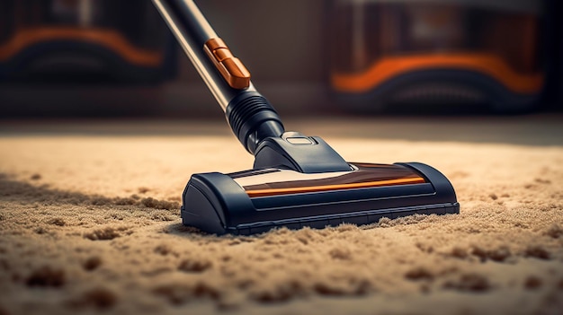 A photo of a vacuum cleaner leaving clean carpet lines