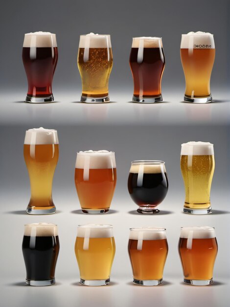 Photo of variety of beers in glass isolated on white background