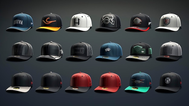 A photo of a variety of sporty snap back caps