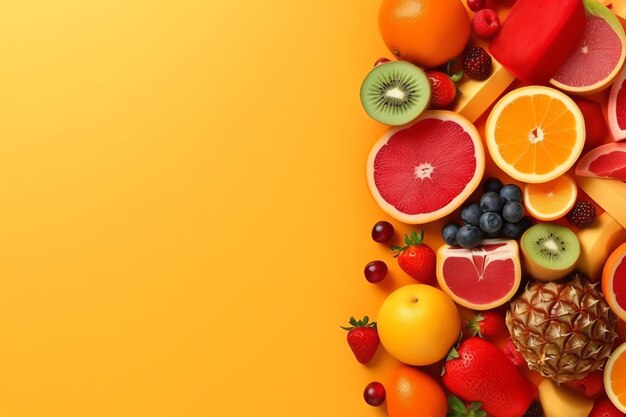 Photo various fruits isolated in yellow background with copy space ai generated