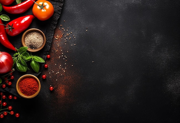 Photo of various spices on black rustic background with tomato and top view