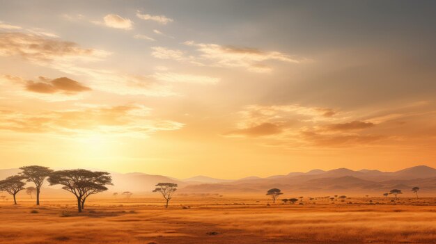 A photo of a vast savanna with acacia trees in the distance