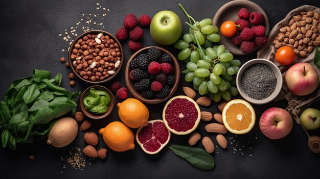 Photo photo of vegetables seeds and fruits on grey table