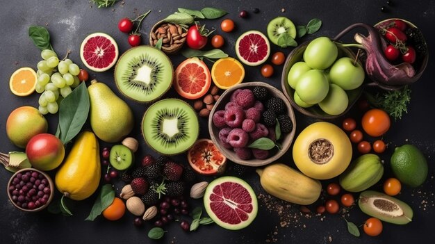 Photo of vegetables seeds and fruits on grey table