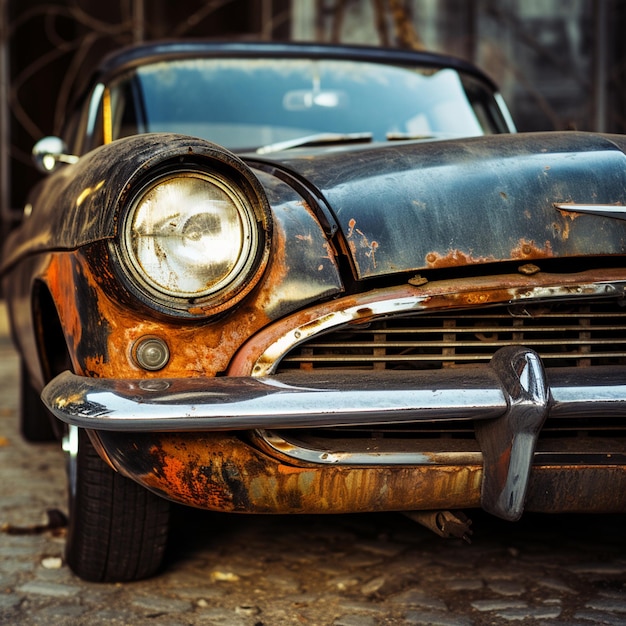 photo vertical of the headlights and the bumper of an old rusty black automobile