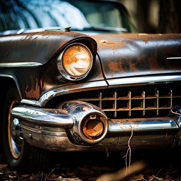 photo vertical of the headlights and the bumper of an old rusty black automobile