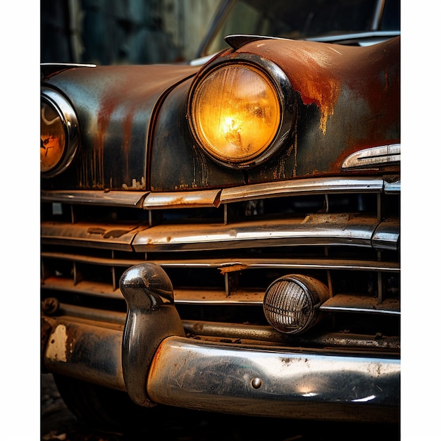 photo vertical of the headlights and the bumper of an old rusty black automobile