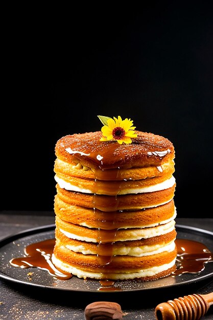 photo vertical shot of pancakes with syrup butter and roasted nuts on a wooden plate Generated AI