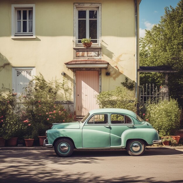 photo vertical shot of a retro car near a house