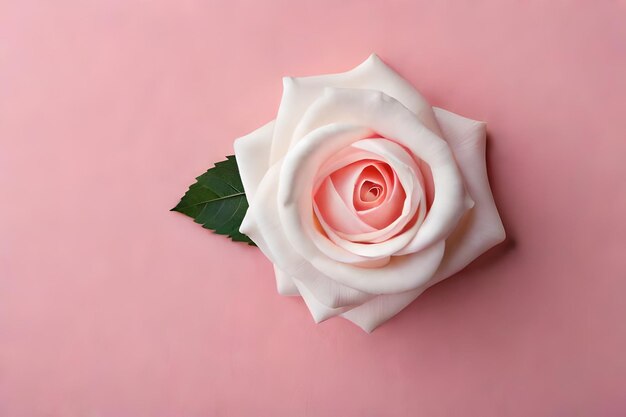 Una foto verticale di una bella rosa bianca incollata su una parete rosa