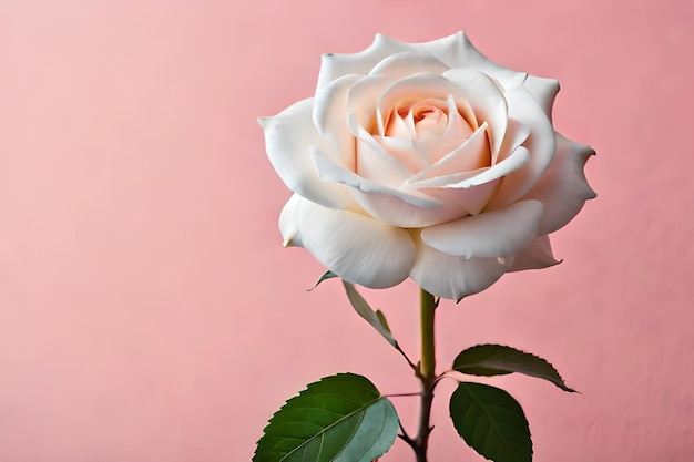 Photo vertical shot of a white beautiful rose taped on a pink wall