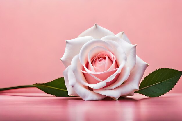 Photo vertical shot of a white beautiful rose taped on a pink wall