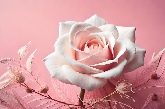 Photo vertical shot of a white beautiful rose taped on a pink wall