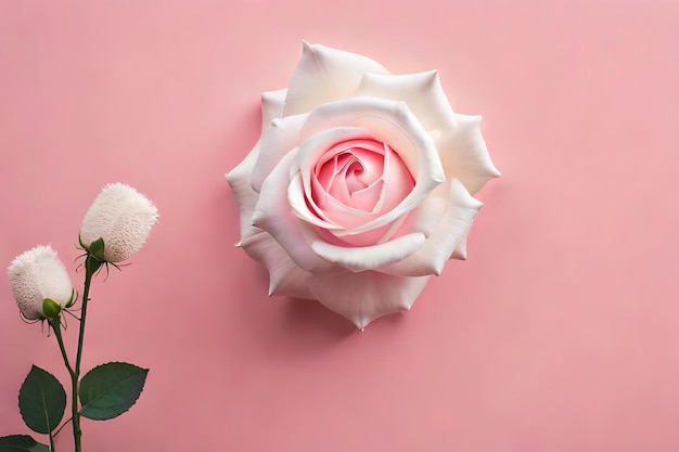 photo vertical shot of a white beautiful rose taped on a pink wall