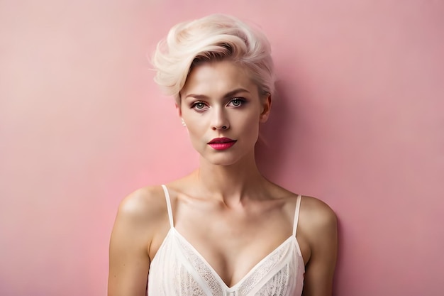 Photo vertical shot of a white beautiful rose taped on a pink wall