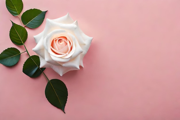 Una foto verticale di una bella rosa bianca incollata su una parete rosa