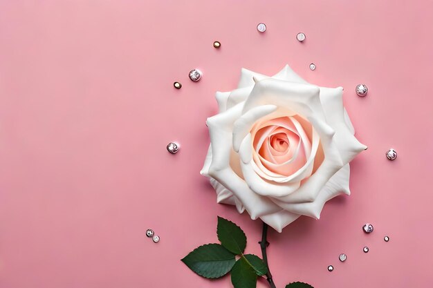 Photo vertical shot of a white beautiful rose taped on a pink wall