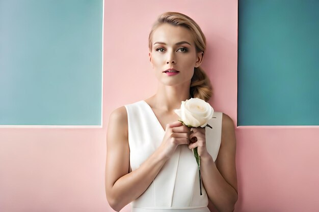 ピンクの壁にテープを貼った白い美しいバラの写真の垂直ショット