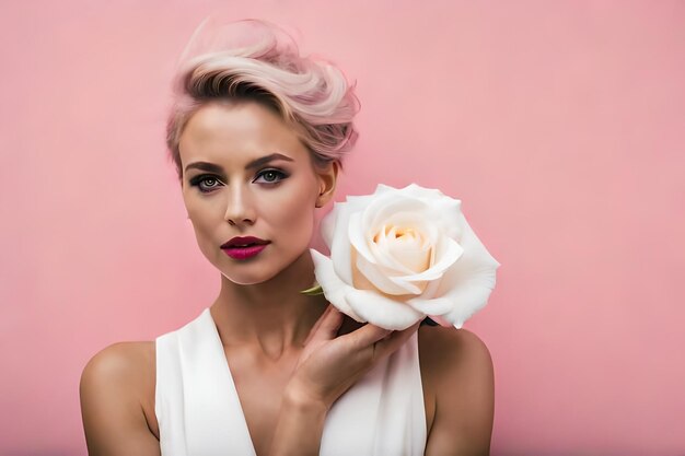 Foto una foto verticale di una bella rosa bianca incollata su una parete rosa