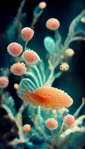 Photo of very cute little fish swimming in alien habitable underwater planet coral reef