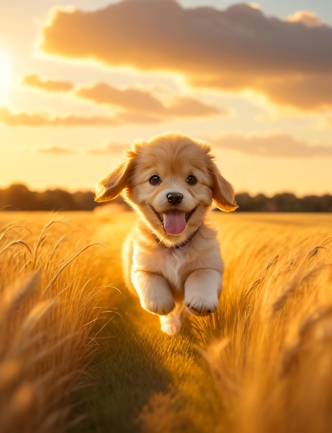 Photo of a very cute puppy running in a golden wheat field