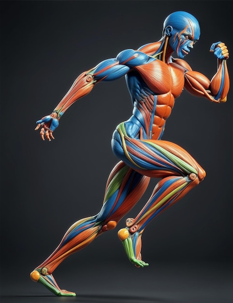 Photo very vibrant colored human figure in spiriting motion showing off their anatomy