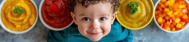 Photo of a very young child eating a toy in front of different bowls