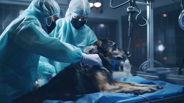 Una foto di un assistente veterinario che prepara un cane per un intervento chirurgico