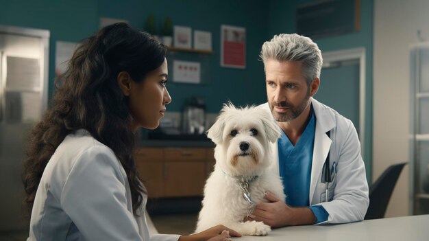 A photo of a vet discussing a treatment plan with an owner