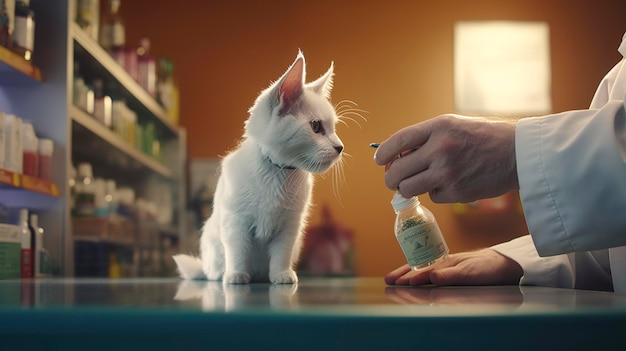 A photo of a veterinarian dispensing medications to a pet owner