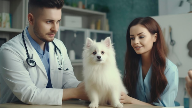 A photo of a veterinarian educating pet owners about pet health