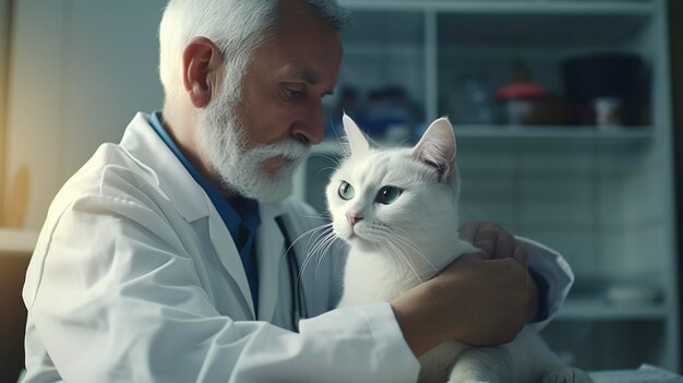 A photo of a veterinarian examining a cat