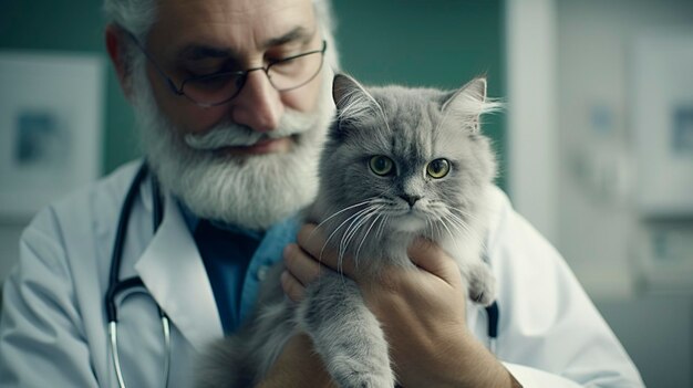 A photo of a veterinarian examining a cat